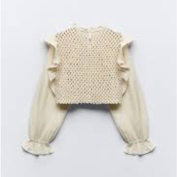 BNWT ZARA NEW WOMAN CONTRAST KNIT TOP WITH RUFFLED SLEEVES ECRU 7200/100 - Picture 7 of 10